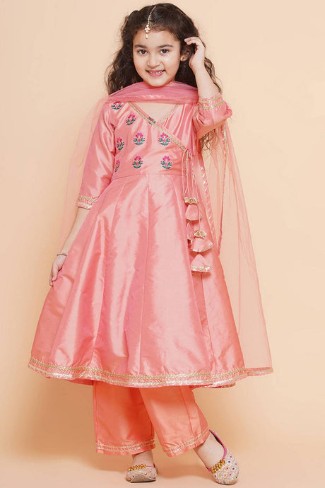 Girl's Peach Embroidered Silk Kurta Set