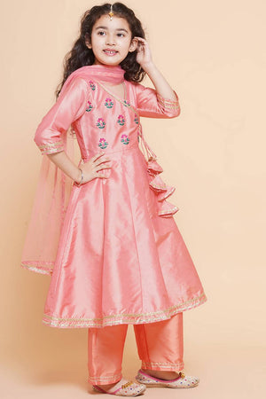 Girl's Peach Embroidered Silk Kurta Set