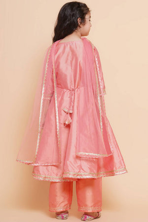 Girl's Peach Embroidered Silk Kurta Set