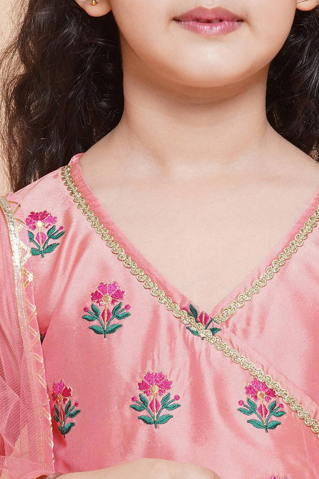 Girl's Peach Embroidered Silk Kurta Set