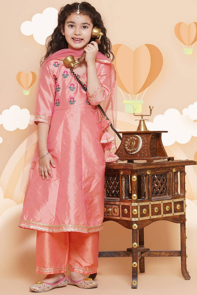 Girl's Peach Embroidered Silk Kurta Set