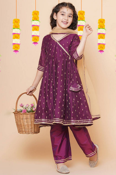 Girl's Maroon Woven Silk Kurta Set
