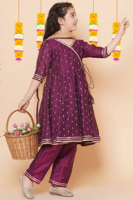 Girl's Maroon Woven Silk Kurta Set