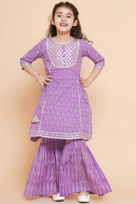 Girl's Violet Printed Cotton Kurta Set