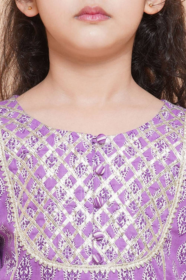 Girl's Violet Printed Cotton Kurta Set