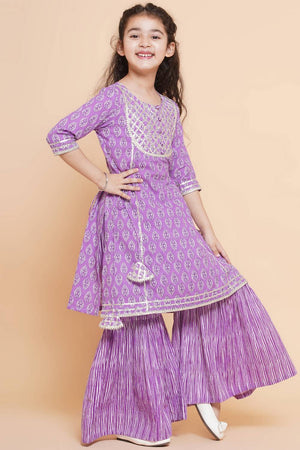 Girl's Violet Printed Cotton Kurta Set