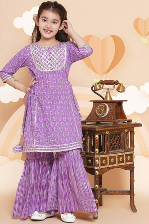 Girl's Violet Printed Cotton Kurta Set
