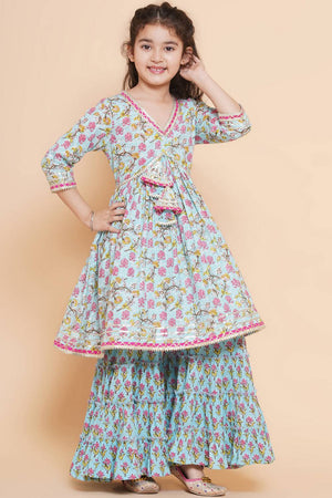 Girl's Blue Floral Printed Cotton Kurta Set