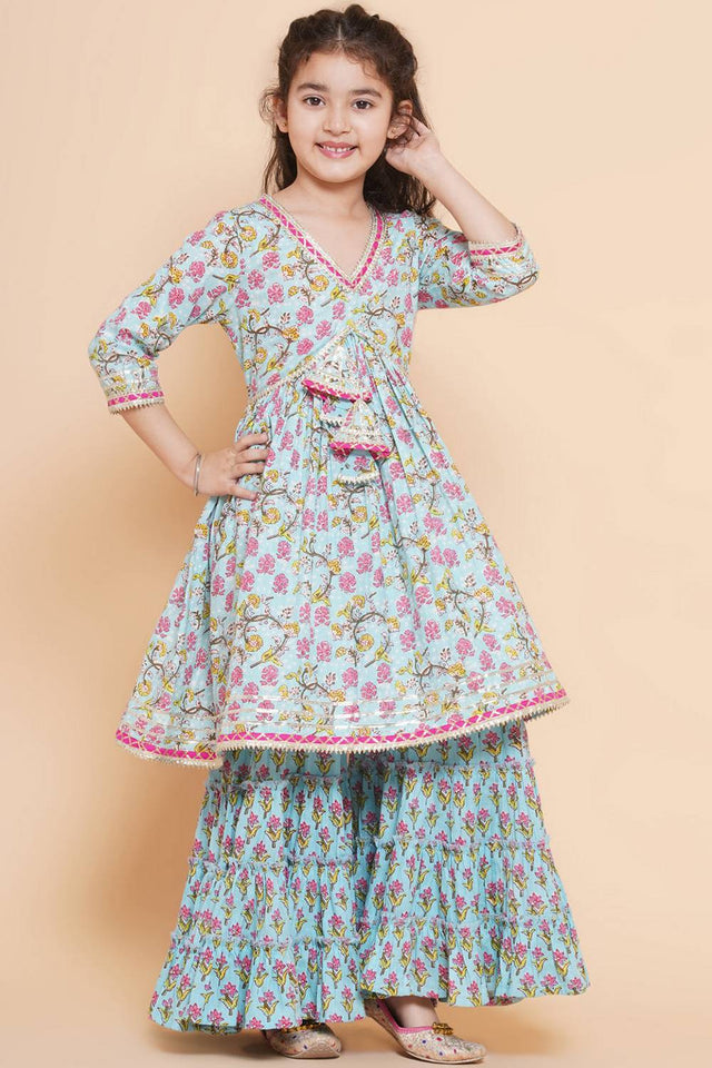 Girl's Blue Floral Printed Cotton Kurta Set
