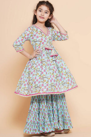 Girl's Blue Floral Printed Cotton Kurta Set