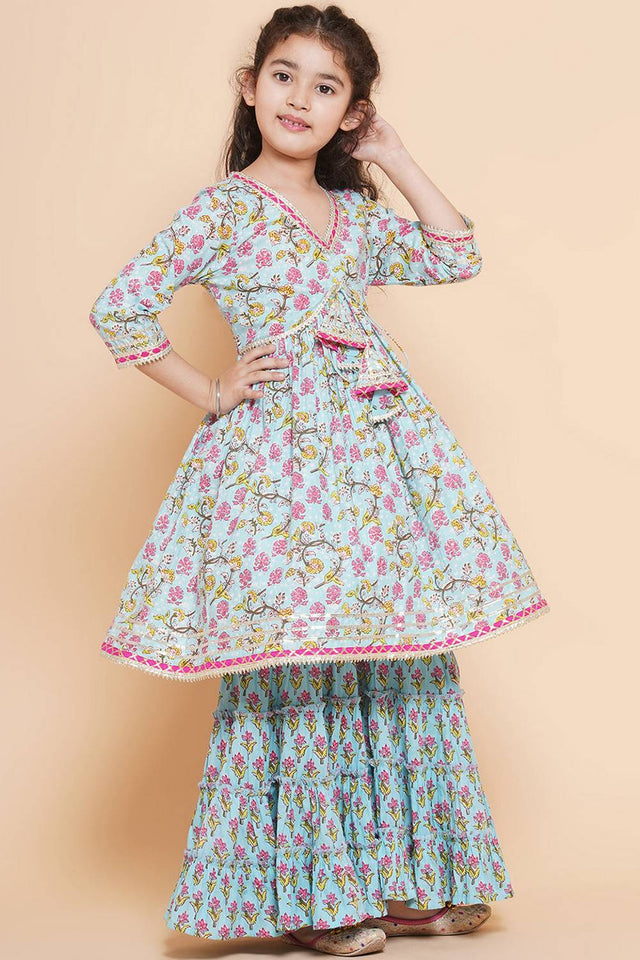 Girl's Blue Floral Printed Cotton Kurta Set