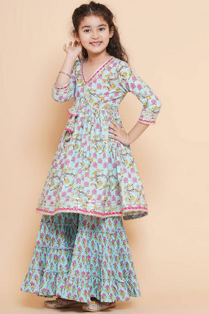 Girl's Blue Floral Printed Cotton Kurta Set