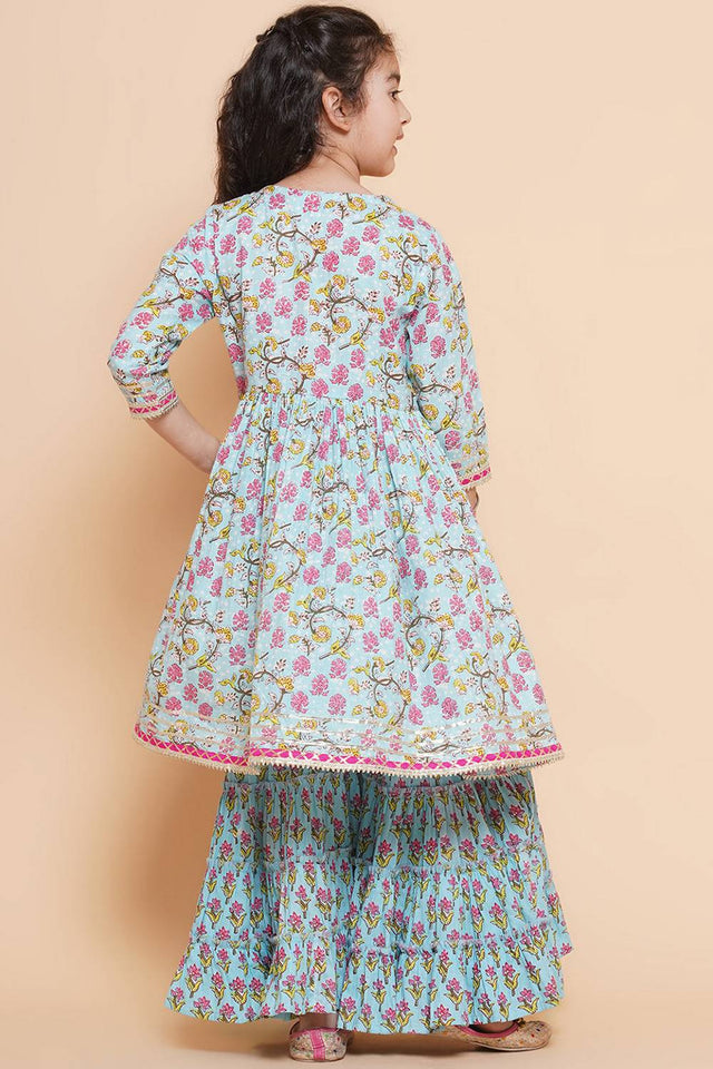 Girl's Blue Floral Printed Cotton Kurta Set