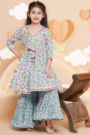 Girl's Blue Floral Printed Cotton Kurta Set