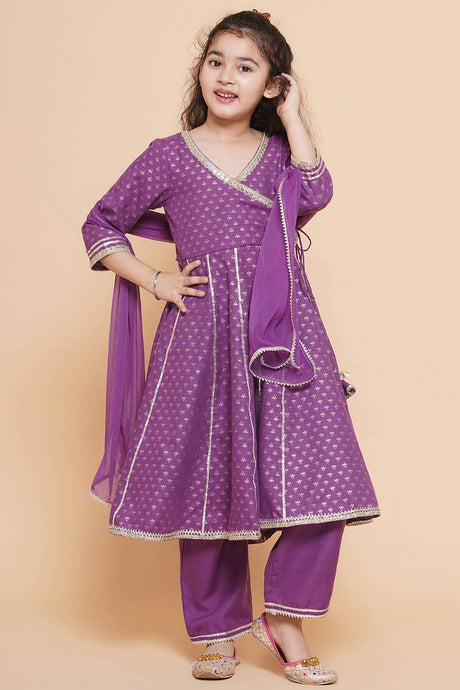 Girl's Violet Ethnic Motifs Foil Printed Cotton Kurta Set