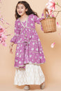 Girl's Violet Floral Printed Silk Kurta Set