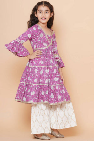 Girl's Violet Floral Printed Silk Kurta Set