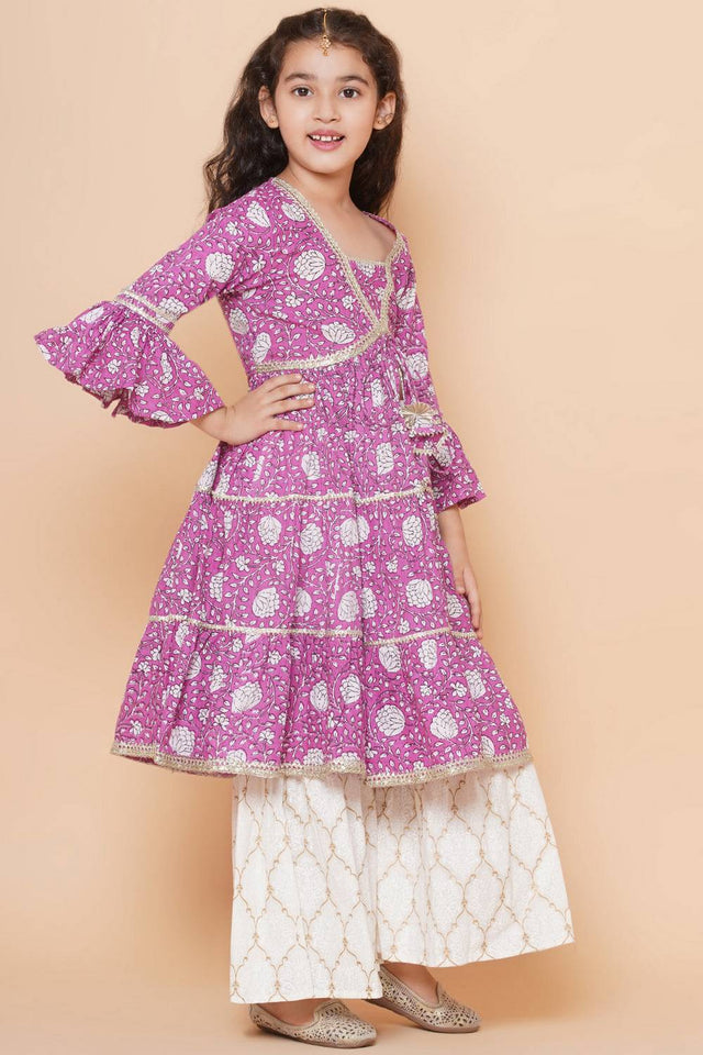 Girl's Violet Floral Printed Silk Kurta Set