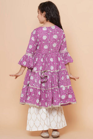Girl's Violet Floral Printed Silk Kurta Set