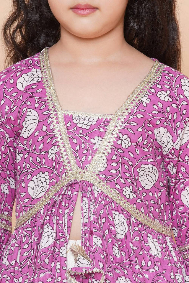 Girl's Violet Floral Printed Silk Kurta Set