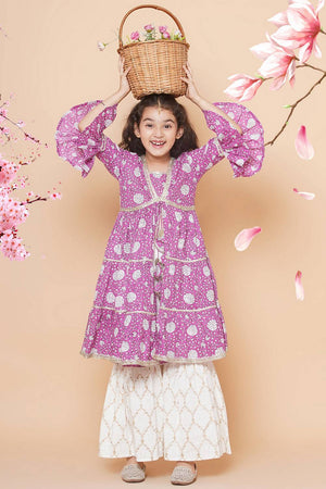 Girl's Violet Floral Printed Silk Kurta Set