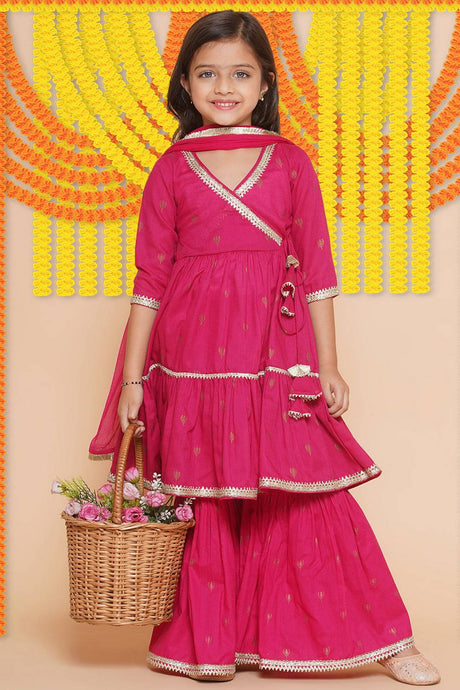 Girl's Pink Ethnic Motifs Foil Printed Cotton Kurta Set