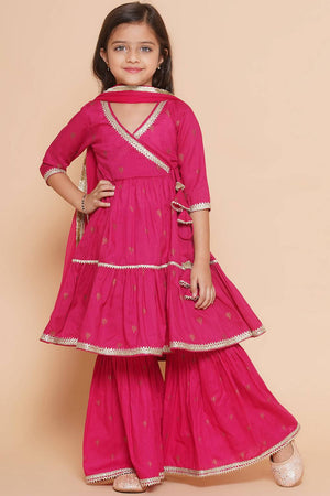 Girl's Pink Ethnic Motifs Foil Printed Cotton Kurta Set