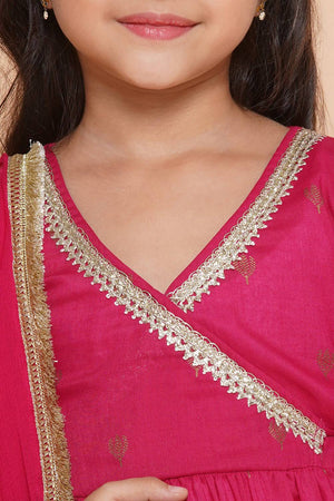 Girl's Pink Ethnic Motifs Foil Printed Cotton Kurta Set