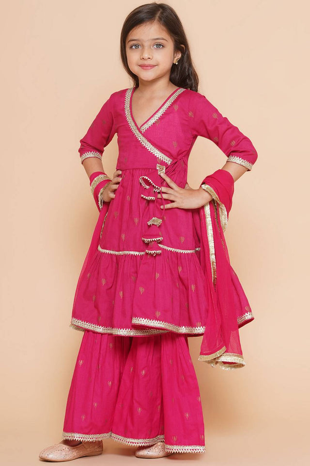 Girl's Pink Ethnic Motifs Foil Printed Cotton Kurta Set