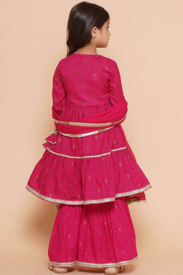 Girl's Pink Ethnic Motifs Foil Printed Cotton Kurta Set