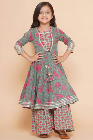 Girl's Green Floral Printed Cotton Kurta Set