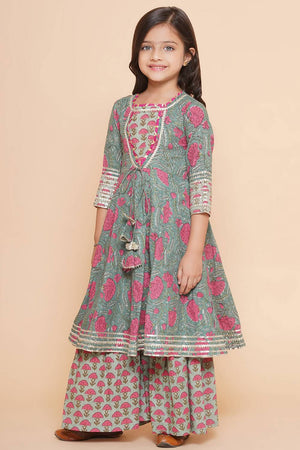 Girl's Green Floral Printed Cotton Kurta Set