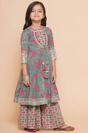 Girl's Green Floral Printed Cotton Kurta Set