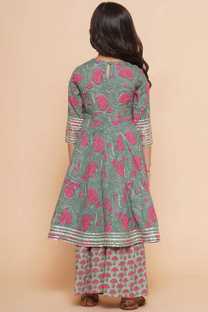 Girl's Green Floral Printed Cotton Kurta Set