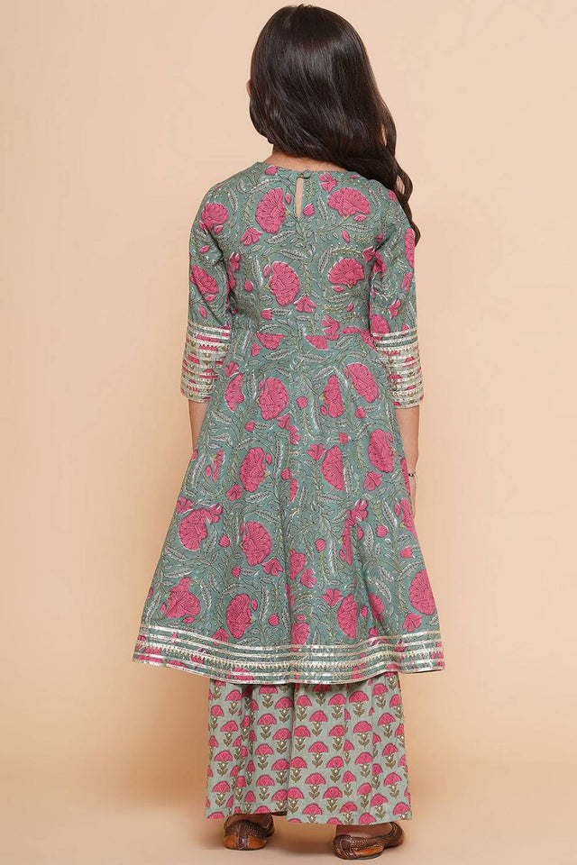 Girl's Green Floral Printed Cotton Kurta Set