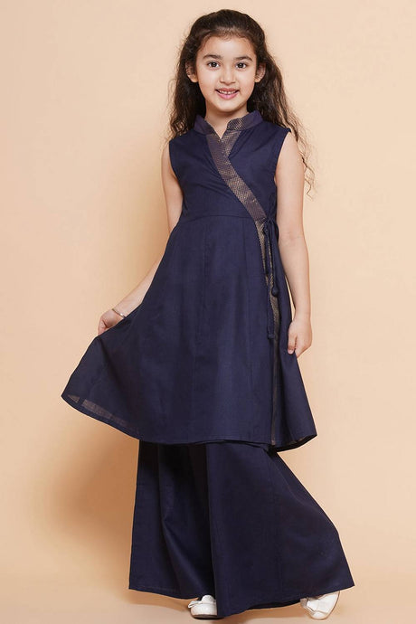 Girl's Navy Blue Solid Cotton Kurta Set
