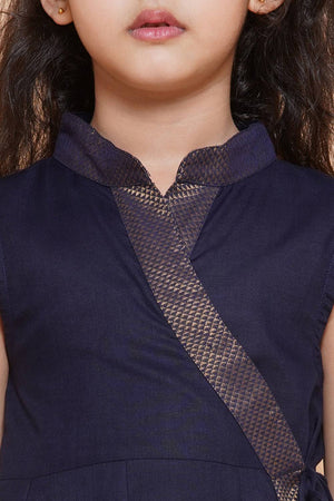 Girl's Navy Blue Solid Cotton Kurta Set
