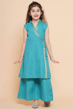 Girl's Blue Solid Cotton Kurta Set