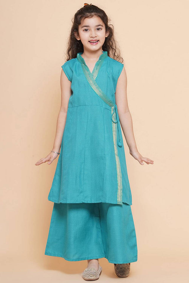 Girl's Blue Solid Cotton Kurta Set
