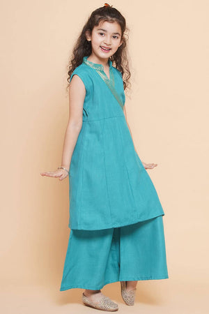 Girl's Blue Solid Cotton Kurta Set