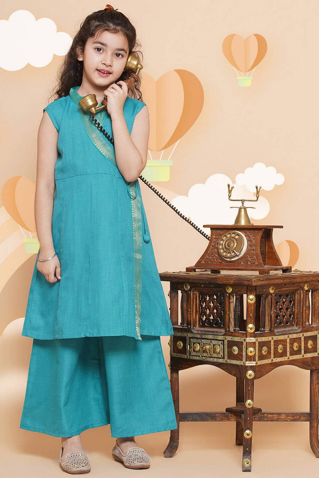 Girl's Blue Solid Cotton Kurta Set