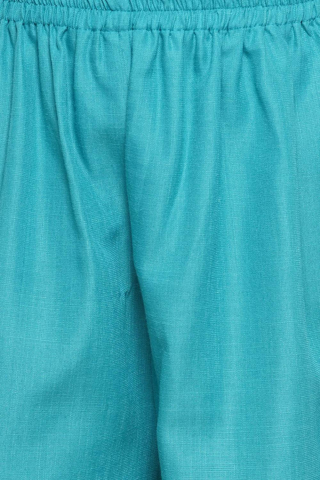 Girl's Blue Solid Cotton Kurta Set