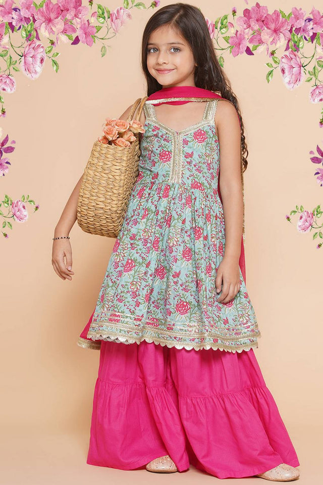 Girl's Blue Floral Printed Cotton Kurta Set