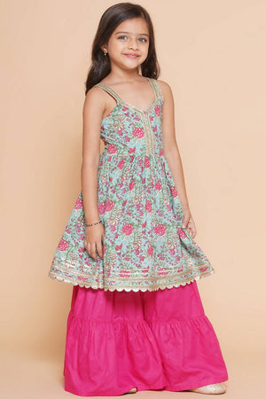 Girl's Blue Floral Printed Cotton Kurta Set