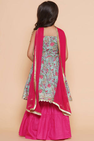 Girl's Blue Floral Printed Cotton Kurta Set