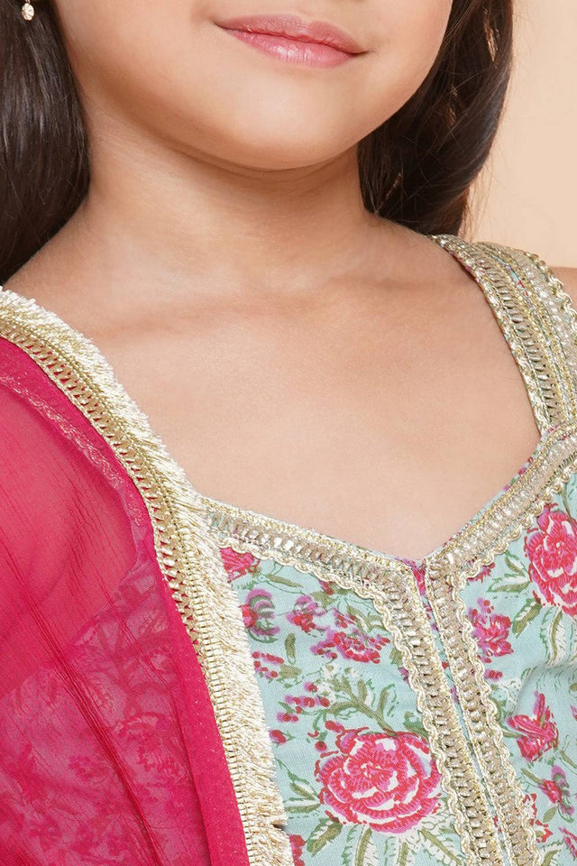 Girl's Blue Floral Printed Cotton Kurta Set