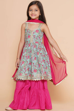 Girl's Blue Floral Printed Cotton Kurta Set