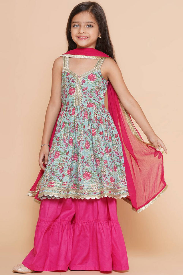 Girl's Blue Floral Printed Cotton Kurta Set