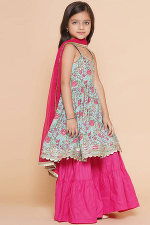 Girl's Blue Floral Printed Cotton Kurta Set