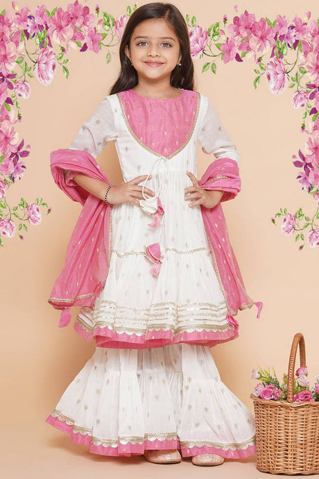 Girl's White Ethnic Motifs Printed Cotton Kurta Set